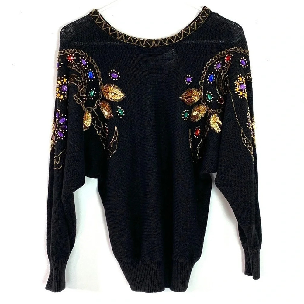 Vintage 80s 90s Sweater Womens Small Black Beaded Dolman Pullover Sweater Gems